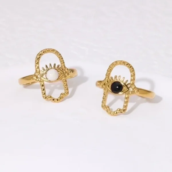 Casual Μινιμαλιστικό Γεωμετρικό Ανοξείδωτο Ατσάλι Hollow Out Inlay Ανοιχτοί δακτύλιοι χρυσό με μαύρη πέτρα