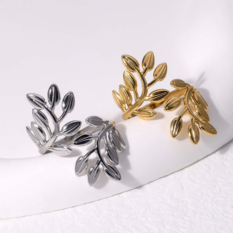 Δακτύλιοι ηλεκτρολυτικής επιμετάλλωσης από ανοξείδωτο χάλυβα Natural Open Ring Leaf2