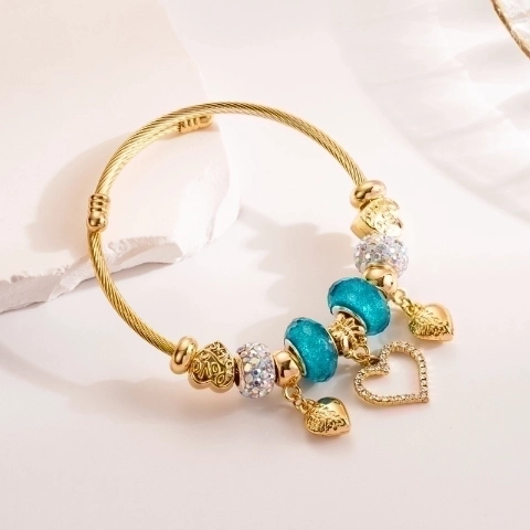 Καλλιτεχνικό λαμπερό σχήμα καρδιάς 304 από κράμα ανοξείδωτου επιχρυσωμένο βραχιόλι στρας