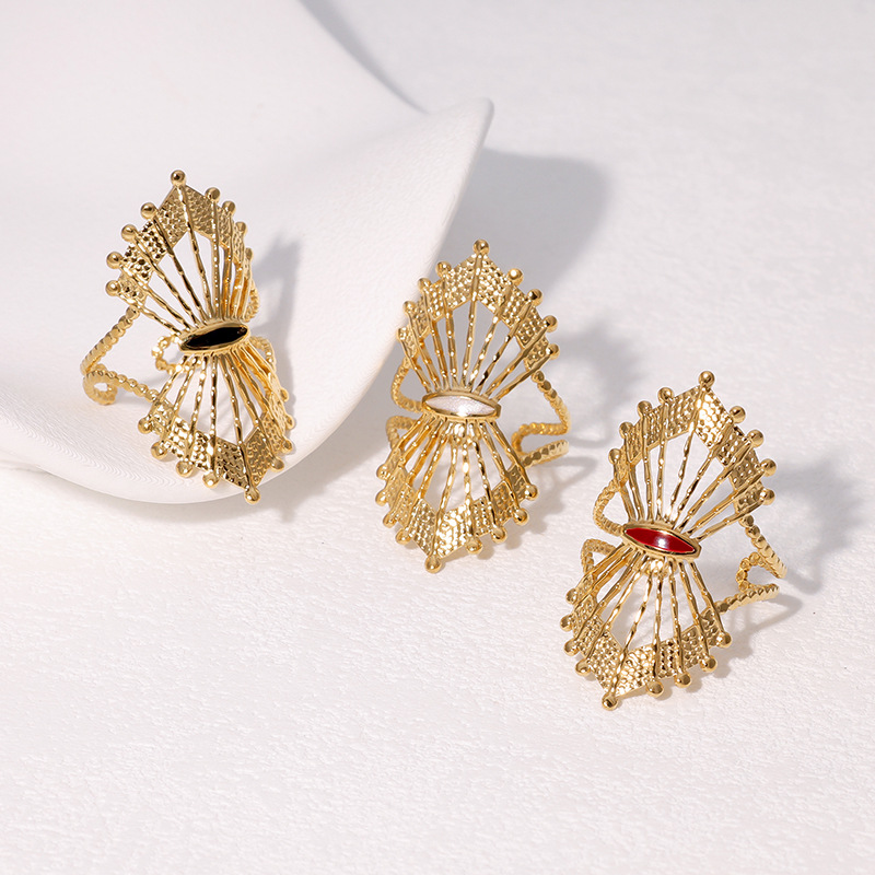 Vintage δαχτυλίδι από τιτάνιο σε σχήμα βεντάλιας, κοίλο, ρυθμιζόμενο, γαλλικού τύπου, από ανοξείδωτο ατσάλι, επιχρυσωμένο, για γυναίκες2