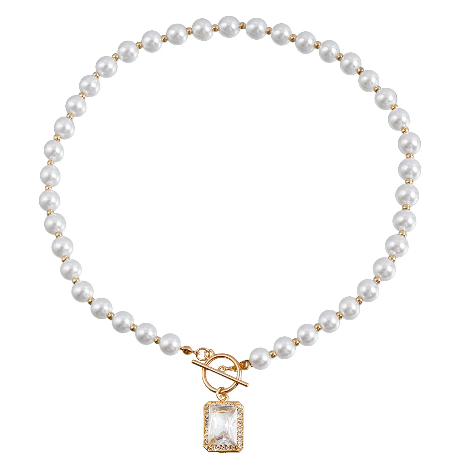 Elegant_Imitation_Artificial_Pearl_Necklace_Alloy_Rectangular_Zircon_Pendant_OT_Toggle_Clasp_Micro_Pave_Jewelry_For_Women_Party_Color_Gold_with_White_Zirconia