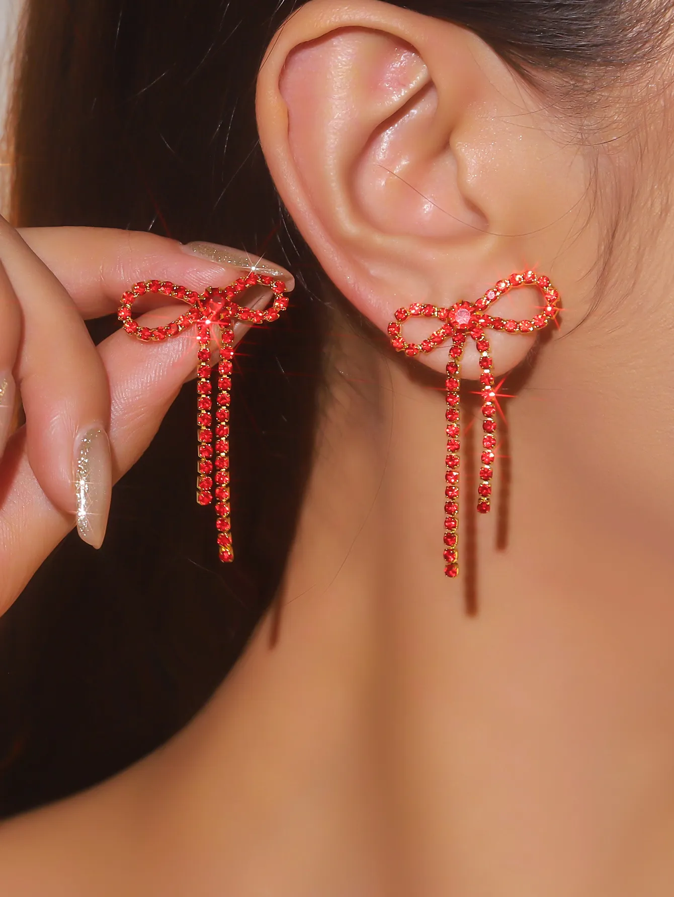 Elegant_Red_Rhinestone_Long_Tassel_Earrings_For_Women_High-End_Sparkly_Dangle_Earrings_With_Stainless_Steel_Post_Party_Wedding_Jewelry_Item_Style_Red_Bowknot_Full_Rhinestone_Tassel