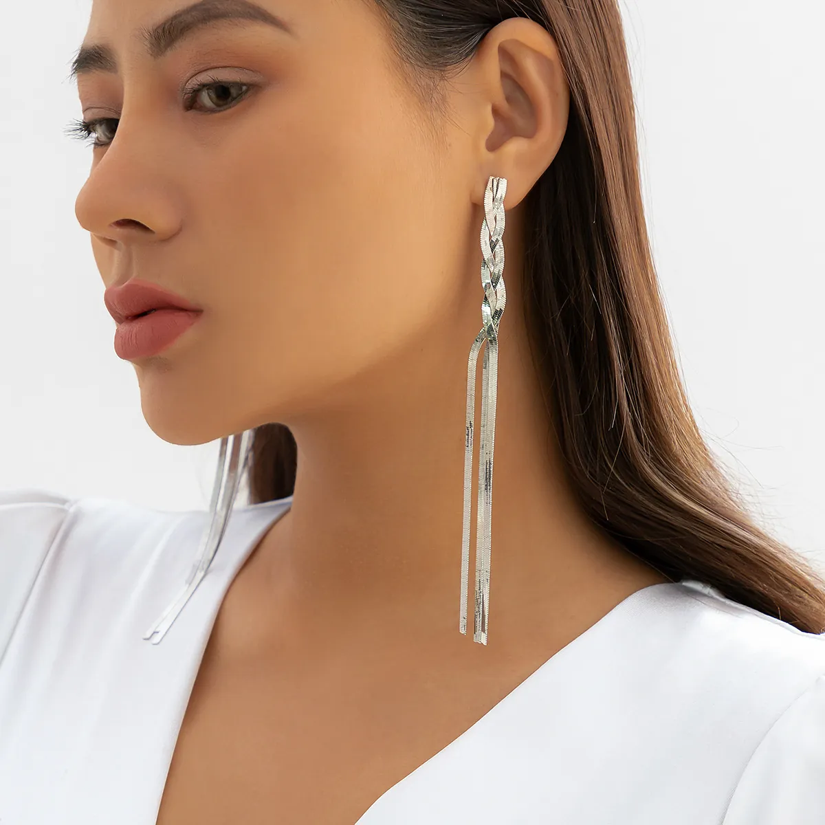 Snake_Bone_Chain_Necklace_And_Tassel_Earrings_Stainless_Steel_Y-Shaped_Geometric_Lariat_Jewelry_Women_Elegant_Item_Style_Triple_Strand_Tassel_Earrings,Color_Steel