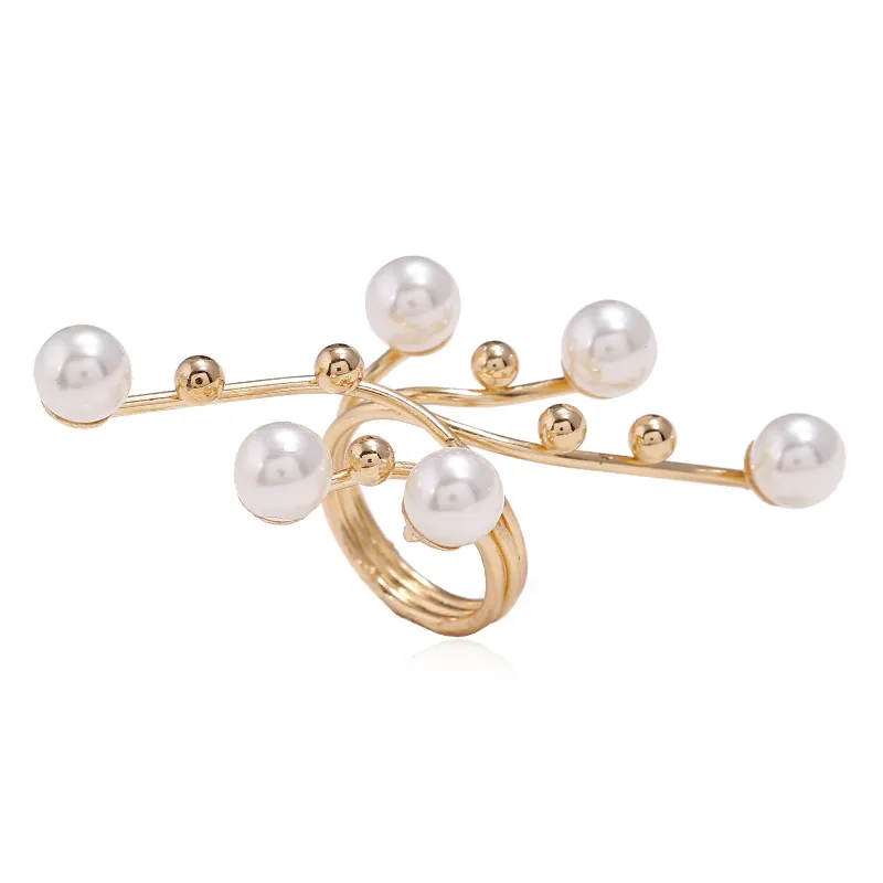 Trendy_Alloy_Multi-layer_Spiral_Branch_Statement_Ring_With_Faux_Artificial_Pearl_Fashion_Geometric_Exaggerated_Jewelry_For_Women_Size_One_Size,Color_Gold