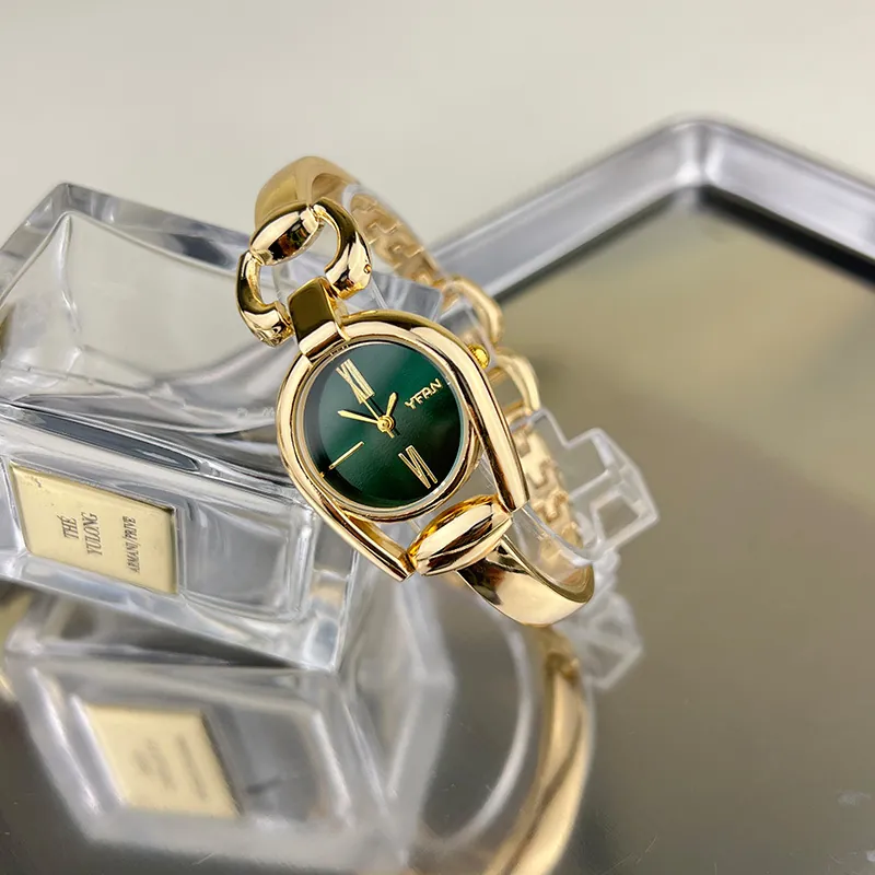 Women_Bracelet_Watch_Retro_Alloy_Horsebit_Bangle_Fashion_Quartz_Wristwatch_Luxury_Style_Roman_Numerals_Jewelry_Elegant_Color_Gold_Case_Green_Dial
